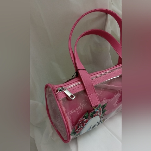 Ed Hardy Skull, Roses & Butterfly Pink See-Thru Barrel Bag w/ 2 Complimentary - Picture 2 of 16